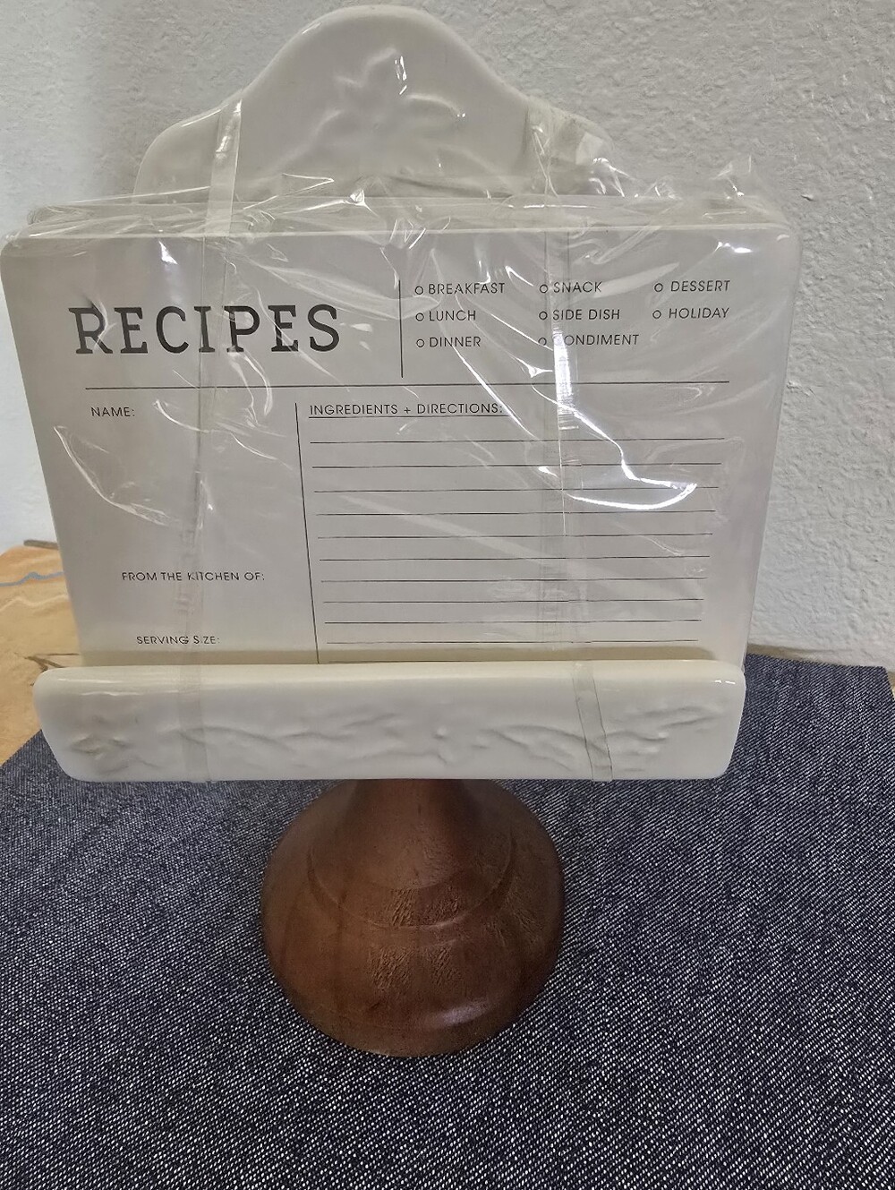 White Ceramic Recipe Card Stand with Wood Pedestal